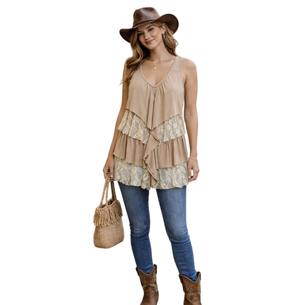 Western Boho Tiered Lace Festival Top Small Coastal Cowgirl Indie Layered Ruffle - Picture 1 of 10